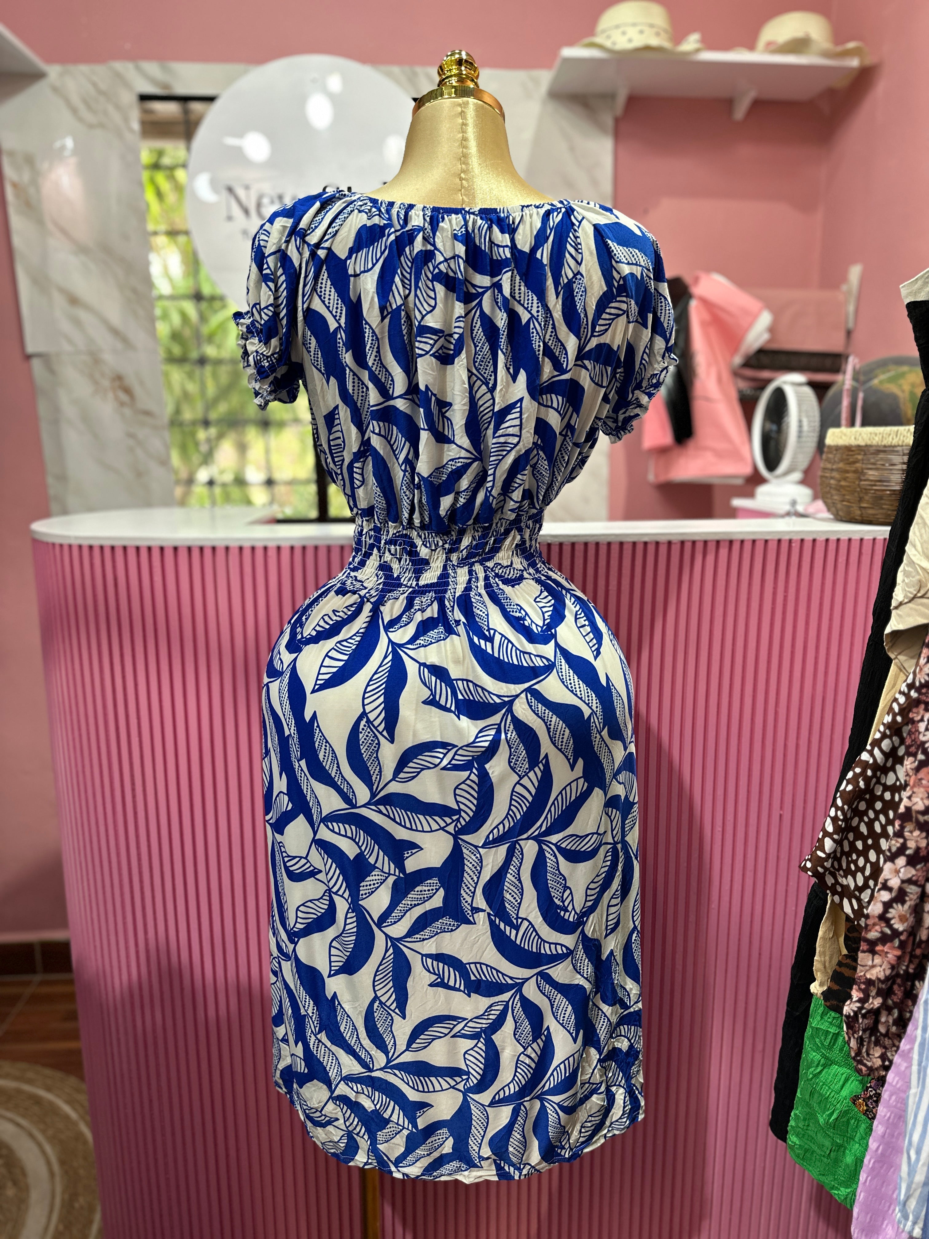 Vestido con estampado de hojas azules, mangas abullonadas y cintura fruncida