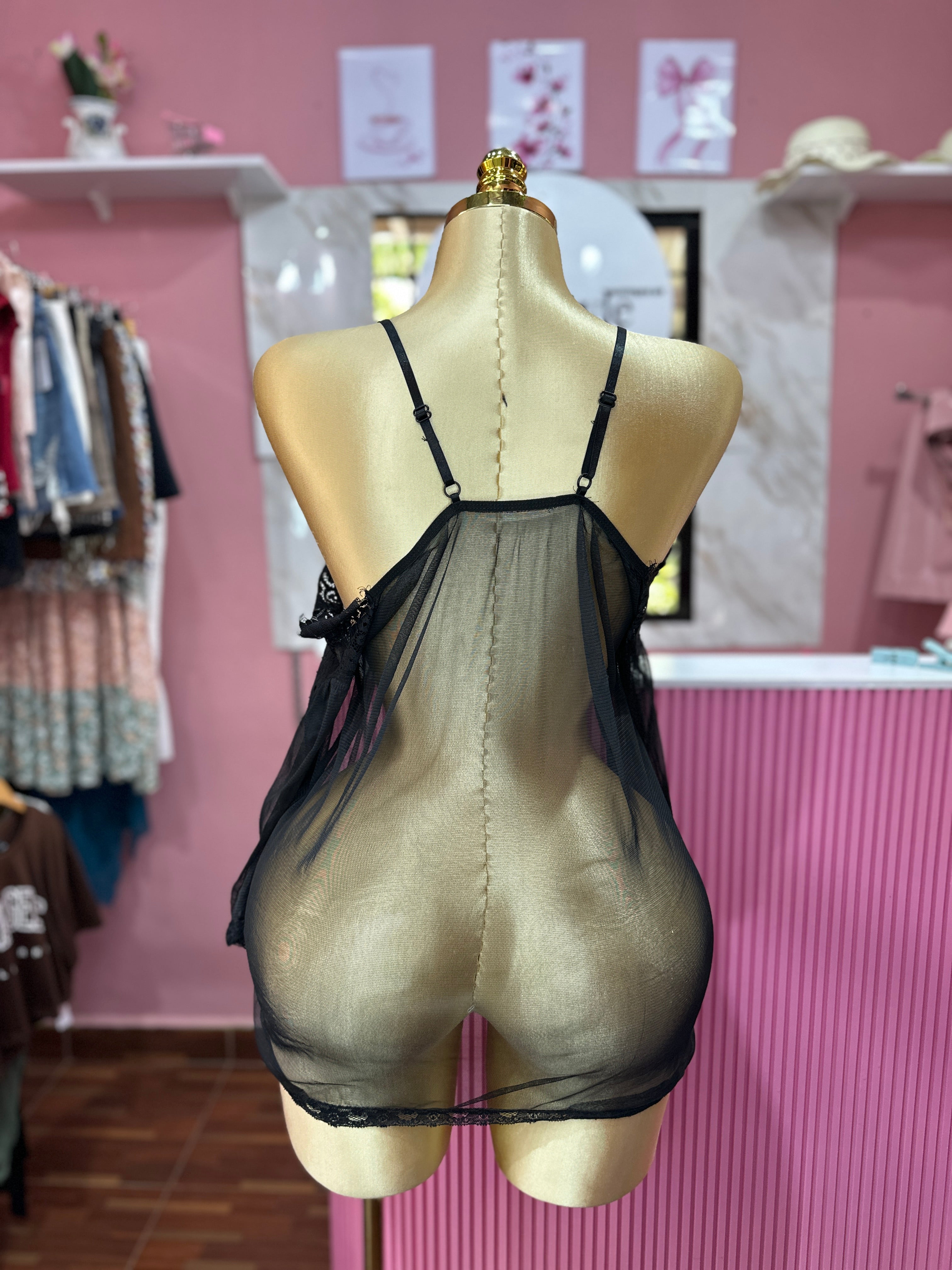 Baby Doll Transparente Negro con Encaje