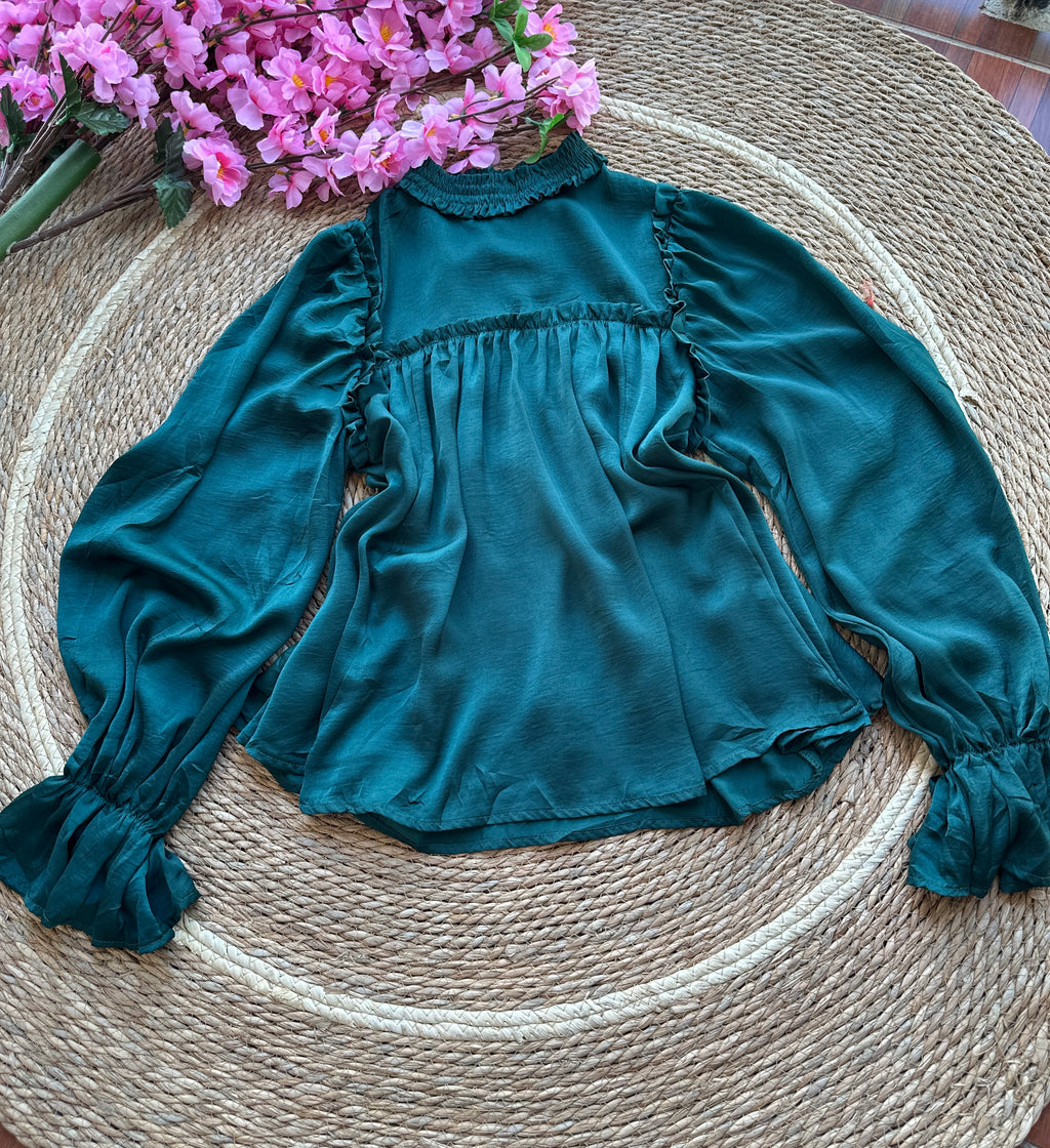 Blusa de Satin manga larga verde esmeralda