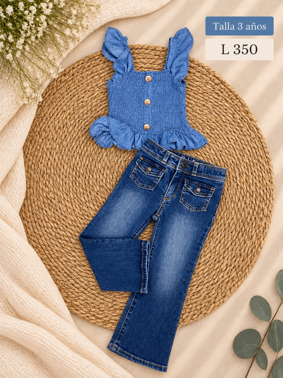 Conjunto para niña, blusa sin mangas con tirantes de volantes y pantalón de mezclilla con bolsillos delanteros