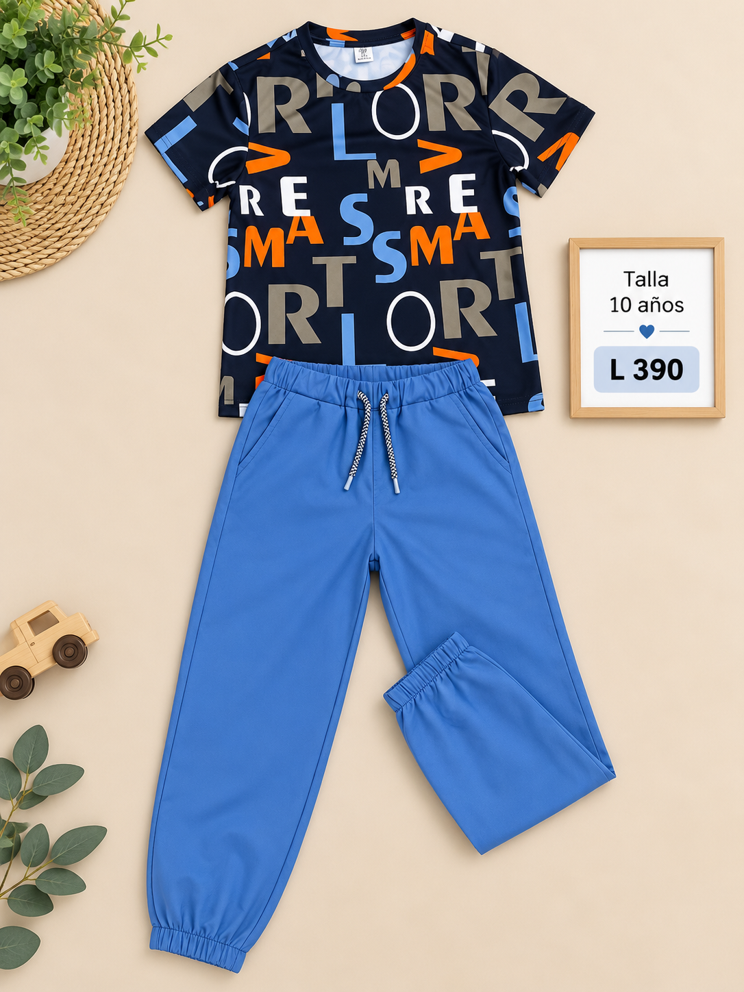 Conjunto para niño, camiseta de manga corta con estampado y un pantalón jogger azul