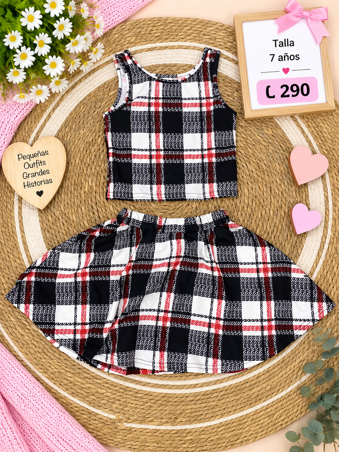 Conjunto para niña, top sin mangas y una falda corta con estampado de cuadros en tonos oscuros y blancos
