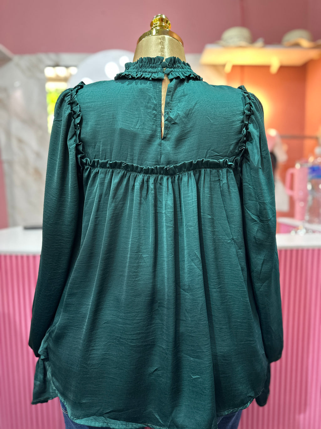 Blusa de Satin manga larga verde esmeralda