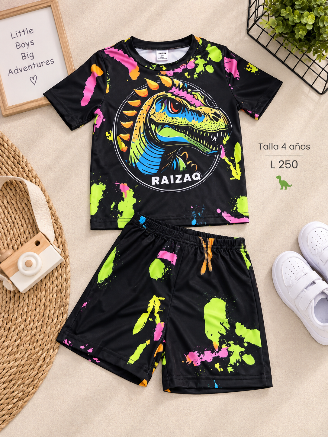 Conjunto para niño, camiseta y Calsoneta  con estampado de dinosaurio neón