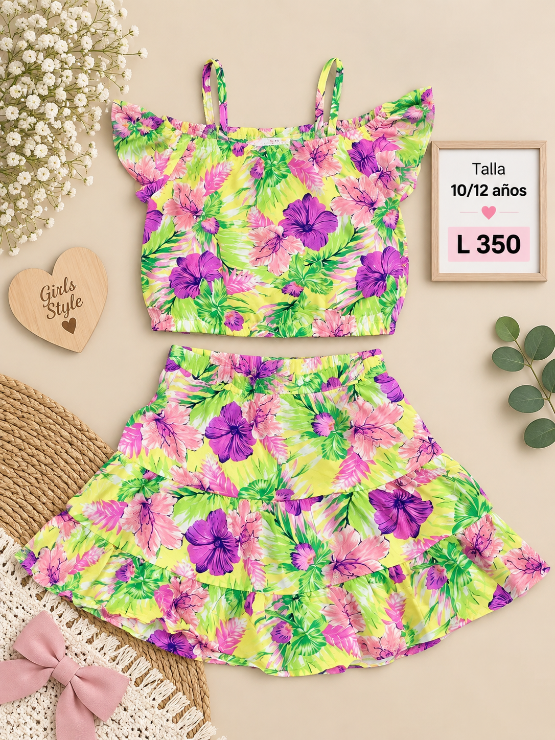Conjunto para niña de 2 piezas, blusa y falda con estampado tropical