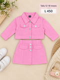 Conjunto de 2 piezas para niña en color rosa, chaqueta de manga larga con solapa y falda a juego