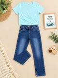 Conjunto para niña, blusa celeste  de mangas cortas y pantalón de mezclilla