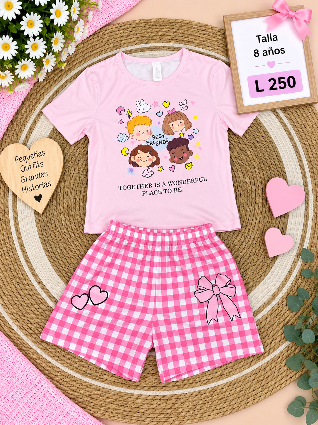 Conjunto para niña, camiseta rosada con estampado gráfico y un short rosado con patrón de a cuadros