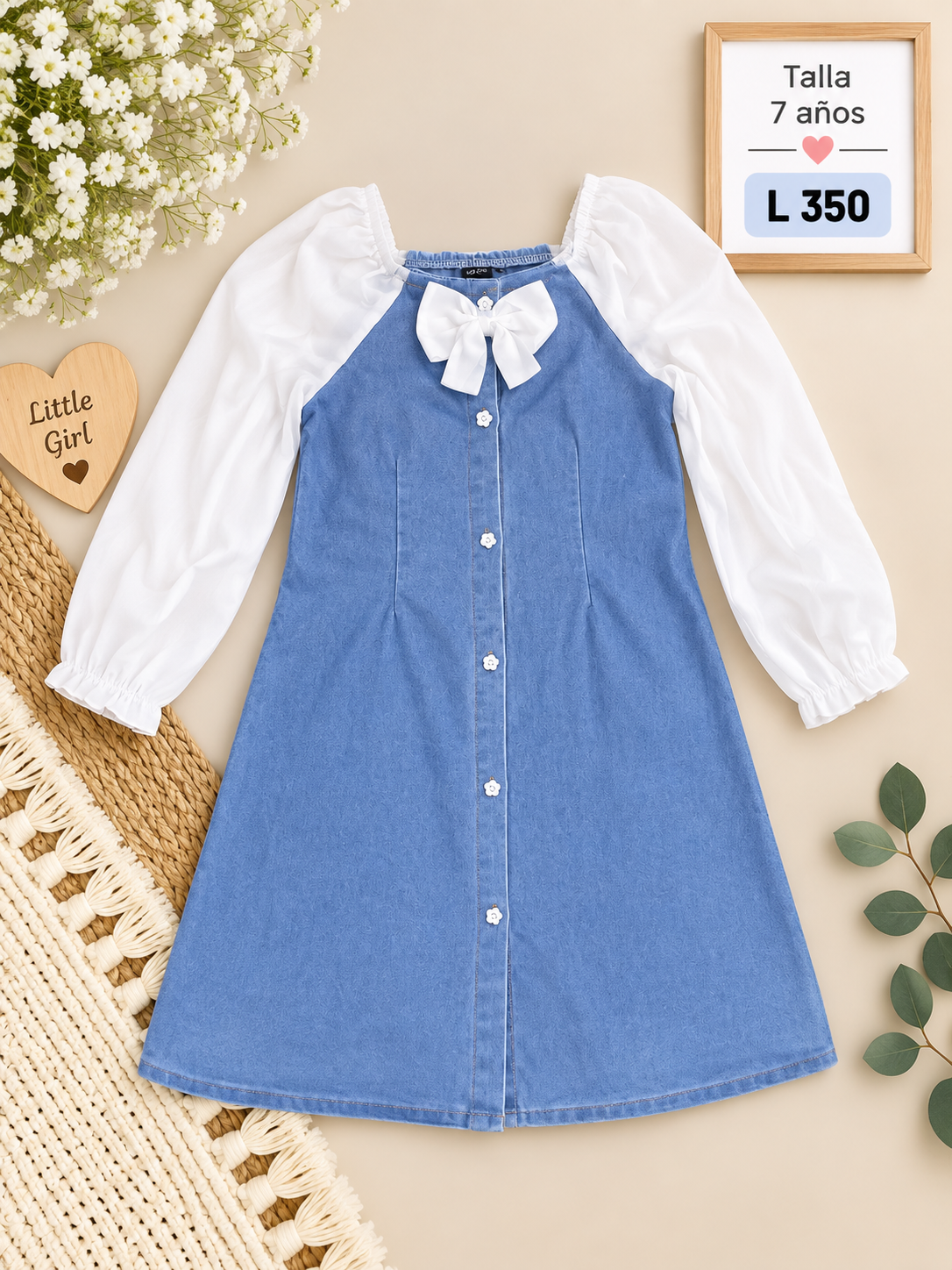 Vestido de mezclilla para niña con mangas largas blancas y un tierno lazo al frente