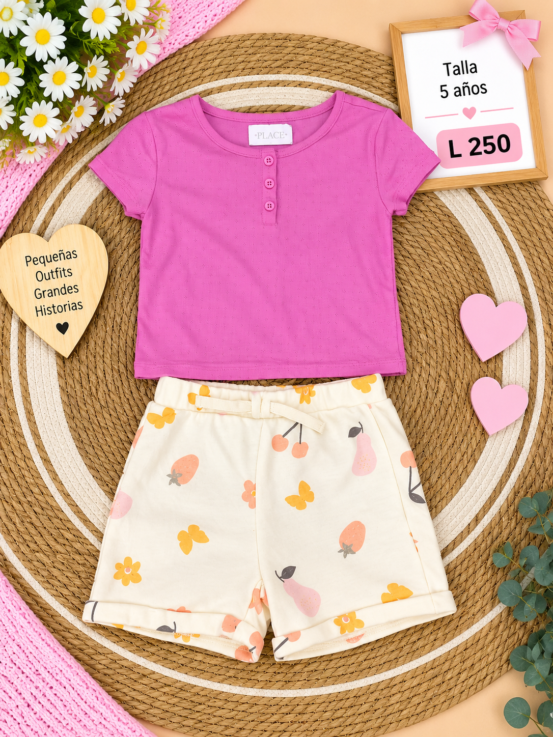 Conjunto para niña, blusa rosa con detalles de botones y unos shorts blancos con estampado de frutas