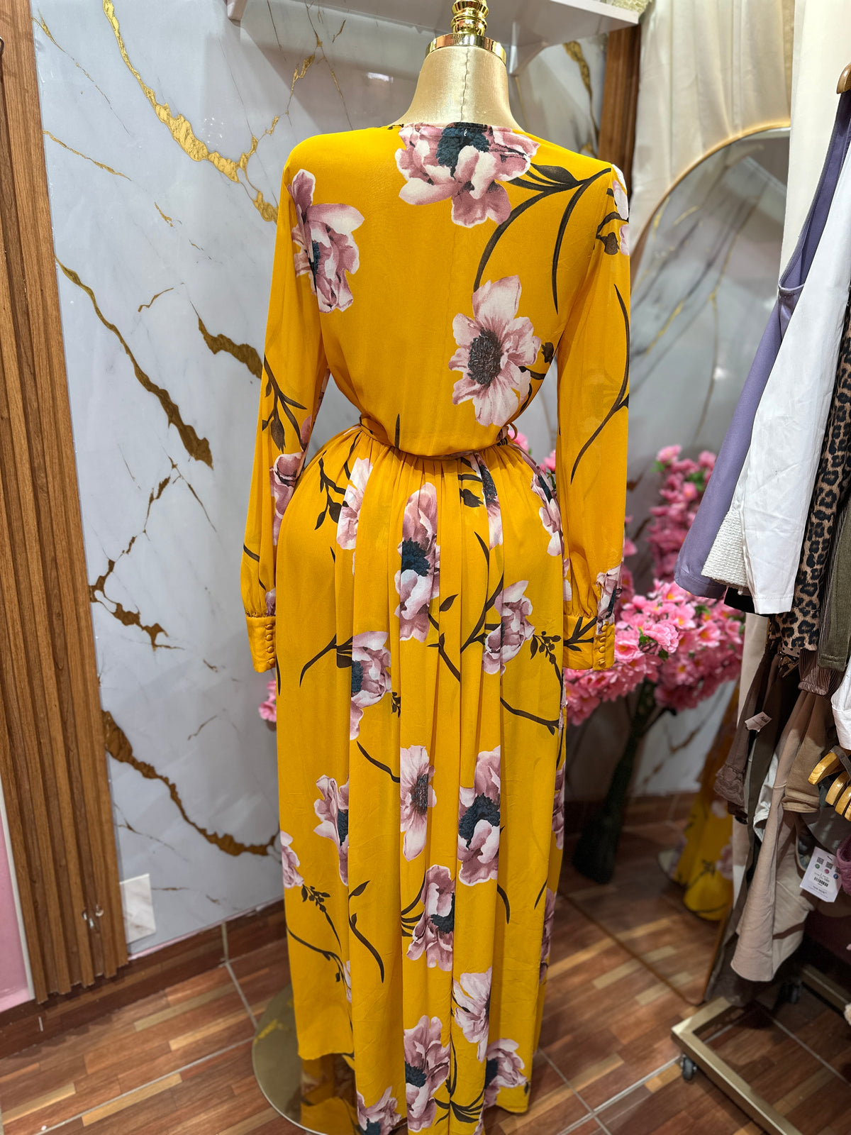 Maxi Vestido amarillo MEITENG con estampado floral con escote en V cruzado de mangas largas