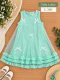 Vestido sin mangas para niña en color verde menta, adornado con pequeños lazos y falda de tul con volantes