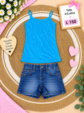 Conjunto para niña, blusa de tirantes color azul con detalle de brillantes y un short de mezclilla