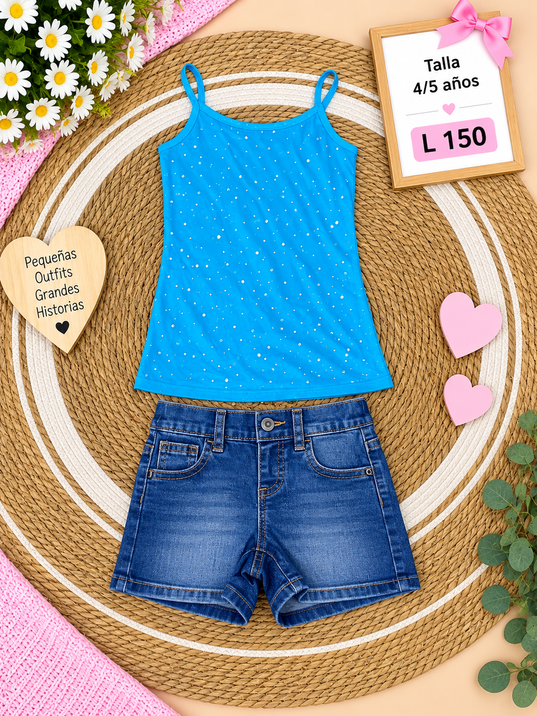 Conjunto para niña, blusa de tirantes color azul con detalle de brillantes y un short de mezclilla