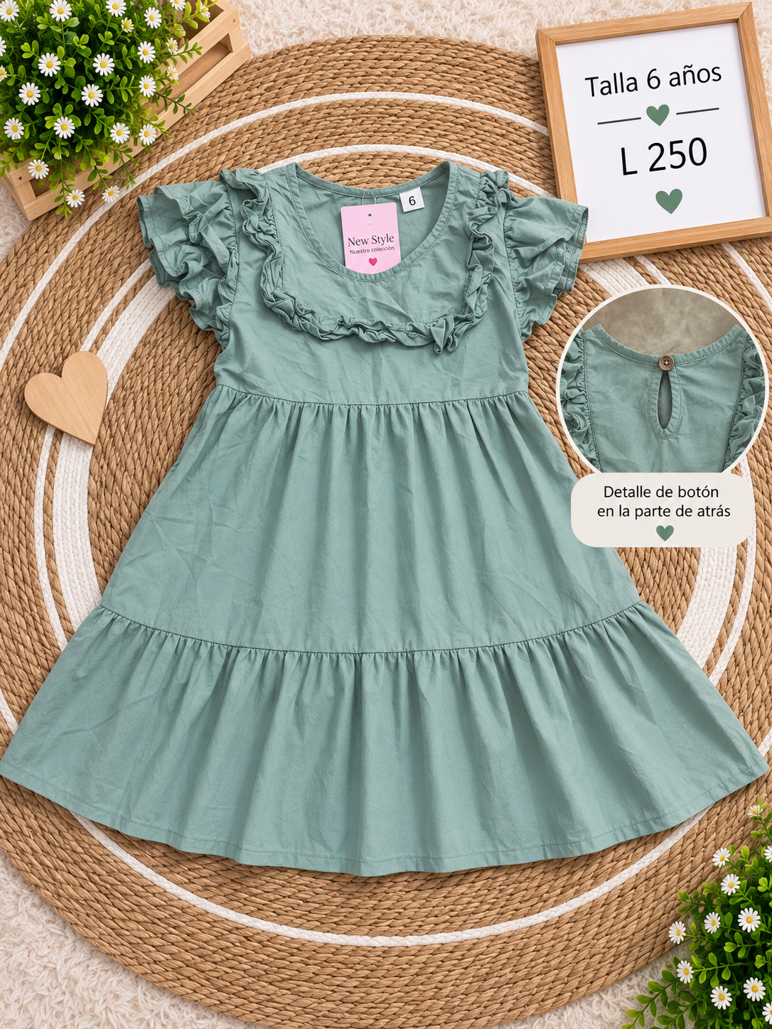 Vestido verde para niña  de manga corta con volantes