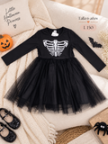 Vestido negro de manga larga para niña con estampado de esqueleto y una falda de tul