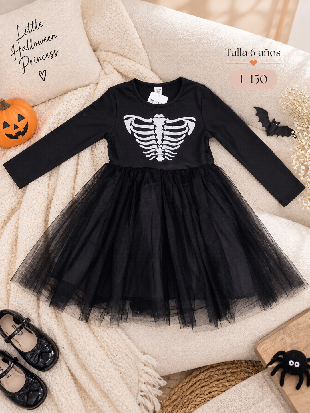 Vestido negro de manga larga para niña con estampado de esqueleto y una falda de tul
