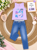 Conjunto para niña, camisa sin mangas color morado con estampado y pantalón Jean
