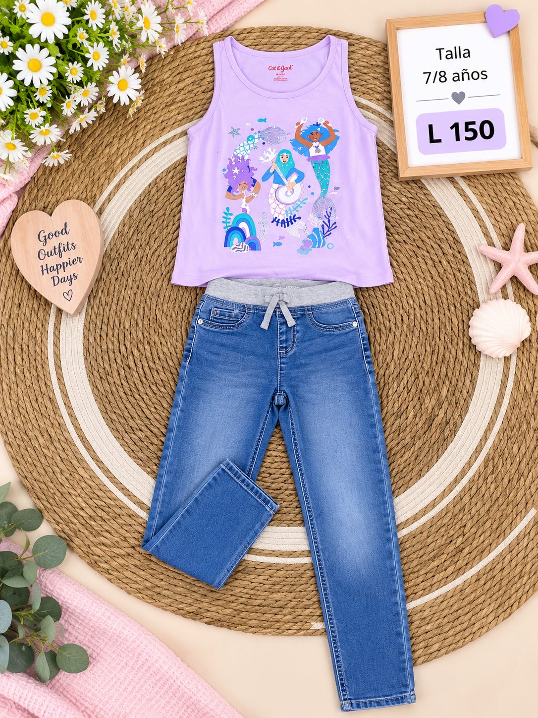 Conjunto para niña, camisa sin mangas color morado con estampado y pantalón Jean