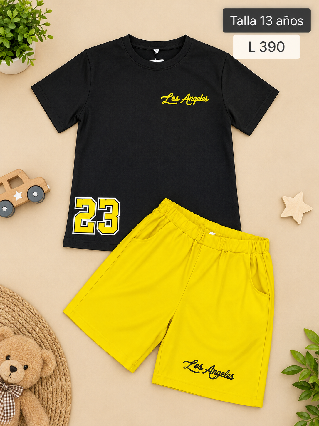 Conjunto para niño, camiseta negra y shorts amarillos