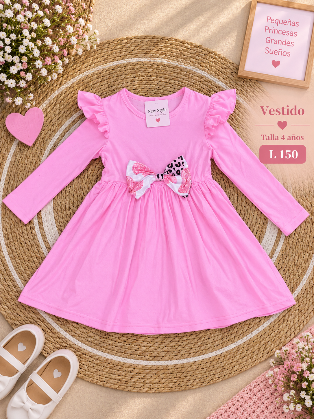 Vestido rosa de manga larga para niña, adornado con volantes en los hombros