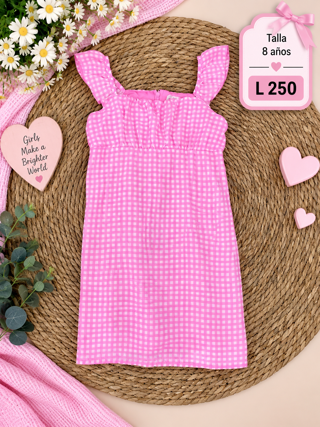 Vestido para niña con estampado de cuadros en color rosa