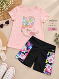 Conjunto para niña, camiseta rodada con estampado de botas y un short negro