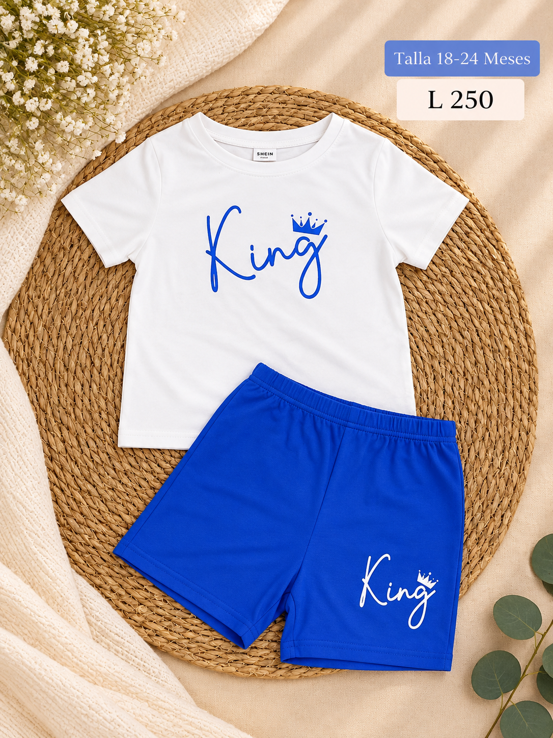 Conjunto para niño, camiseta blanca de manga corta y shorts azules con estampado de la palabra KING