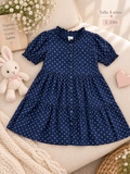Vestido para niña color azul marino con estampado de lunares blancos