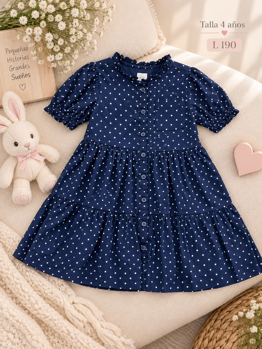 Vestido para niña color azul marino con estampado de lunares blancos