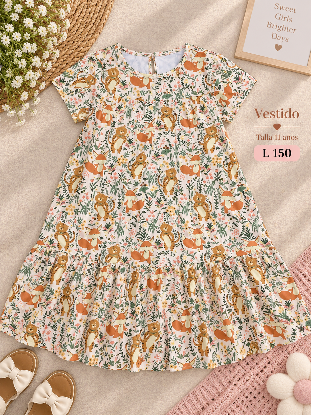 Vestido de manga corta para niña con estampado de animales