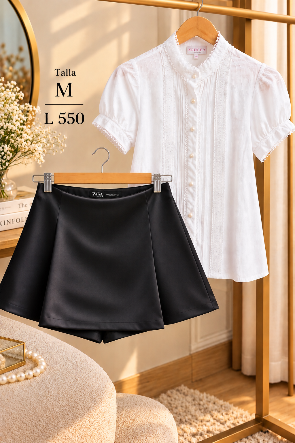 Conjunto para dama, falda short oscura con una blusa blanca de manga corta
