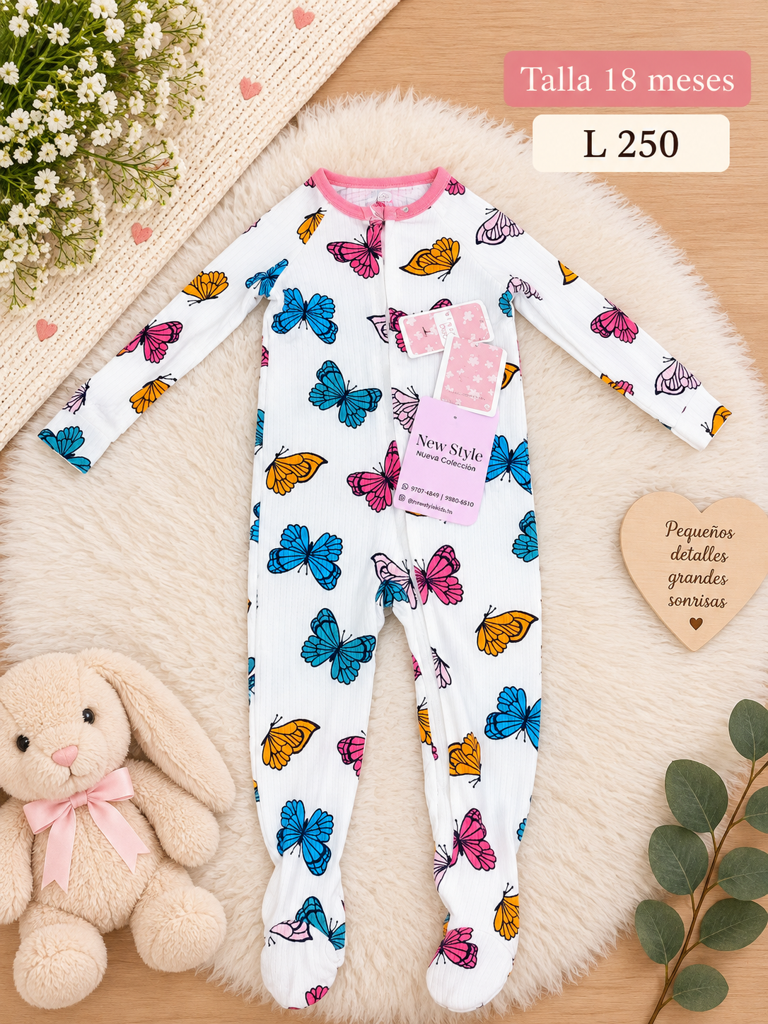 Mameluco para niña en color blanco con estampado de mariposas