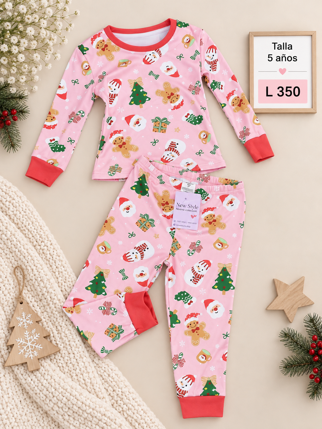 Conjunto de pijama para niña navideño rosa de manga larga con un tierno estampado