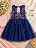 Vestido para niña sin mangas en color azul con encaje floral y falda de tul