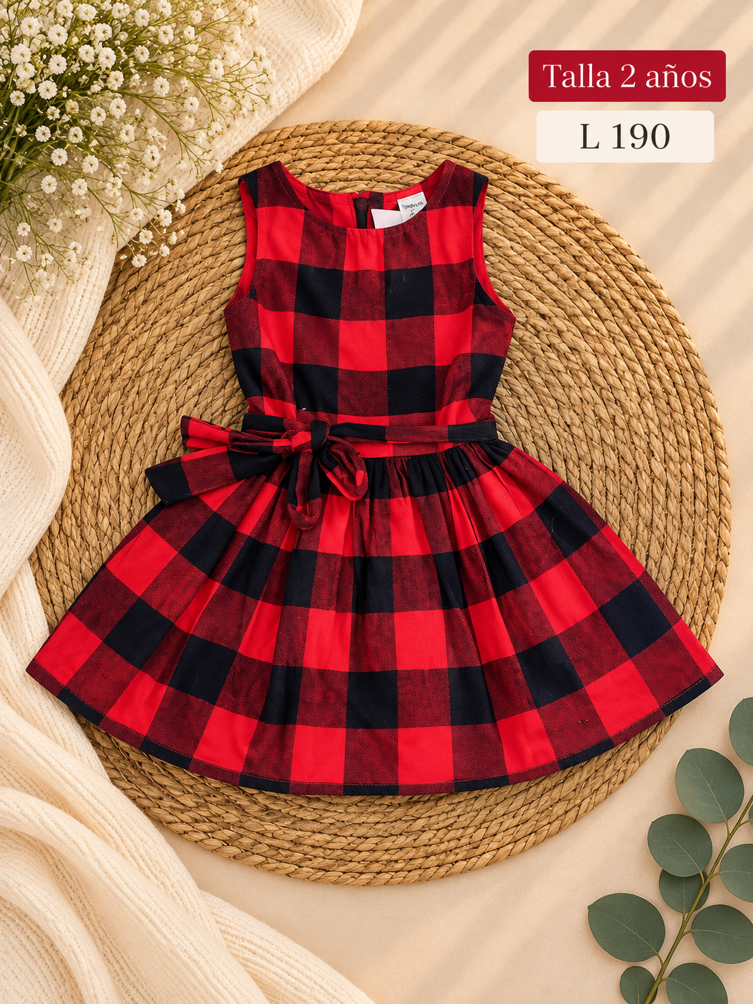 Vestido sin mangas para niña con un diseño a cuadros rojos y negros y un lazo decorativo en la cintura