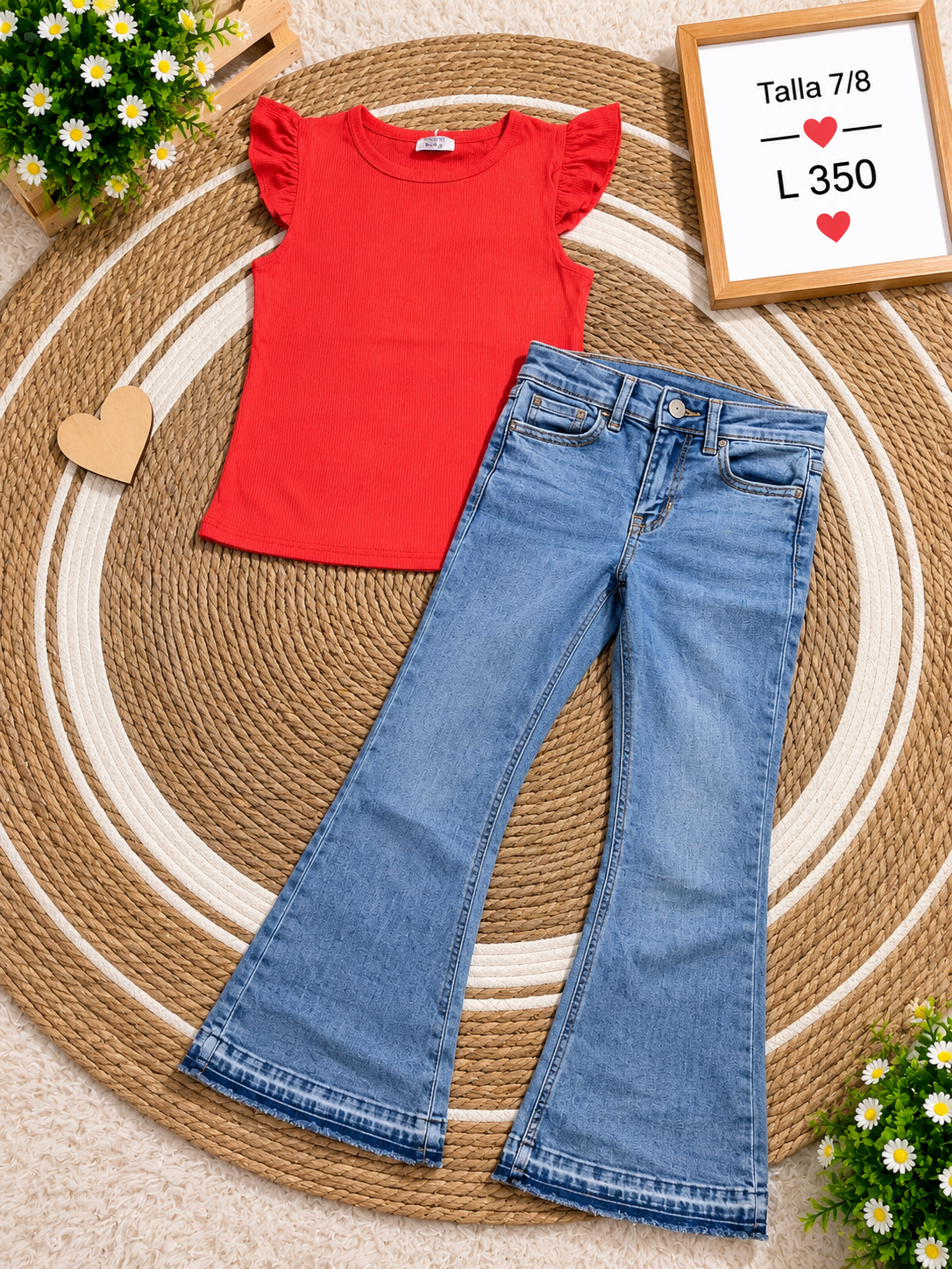 Conjunto para niña, blusa roja de mangas con volantes y un pantalón de mezclilla estilo flare