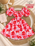 Vestido corto para niña con estampado floral rojo y rosado de mangas abullonadas