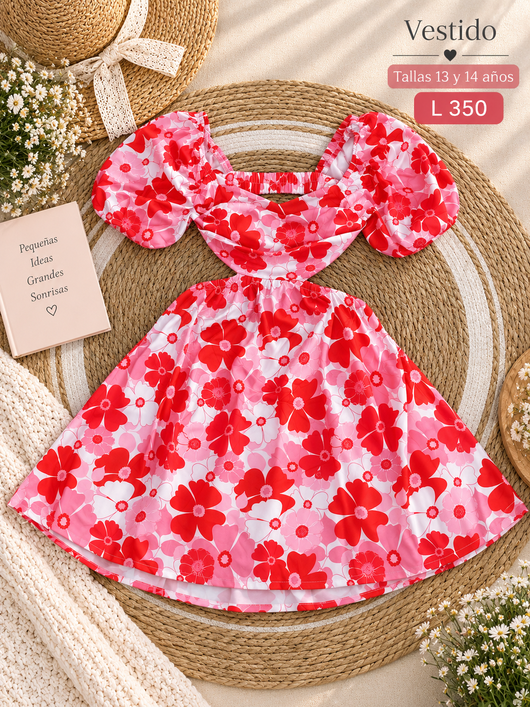 Vestido corto para niña con estampado floral rojo y rosado de mangas abullonadas