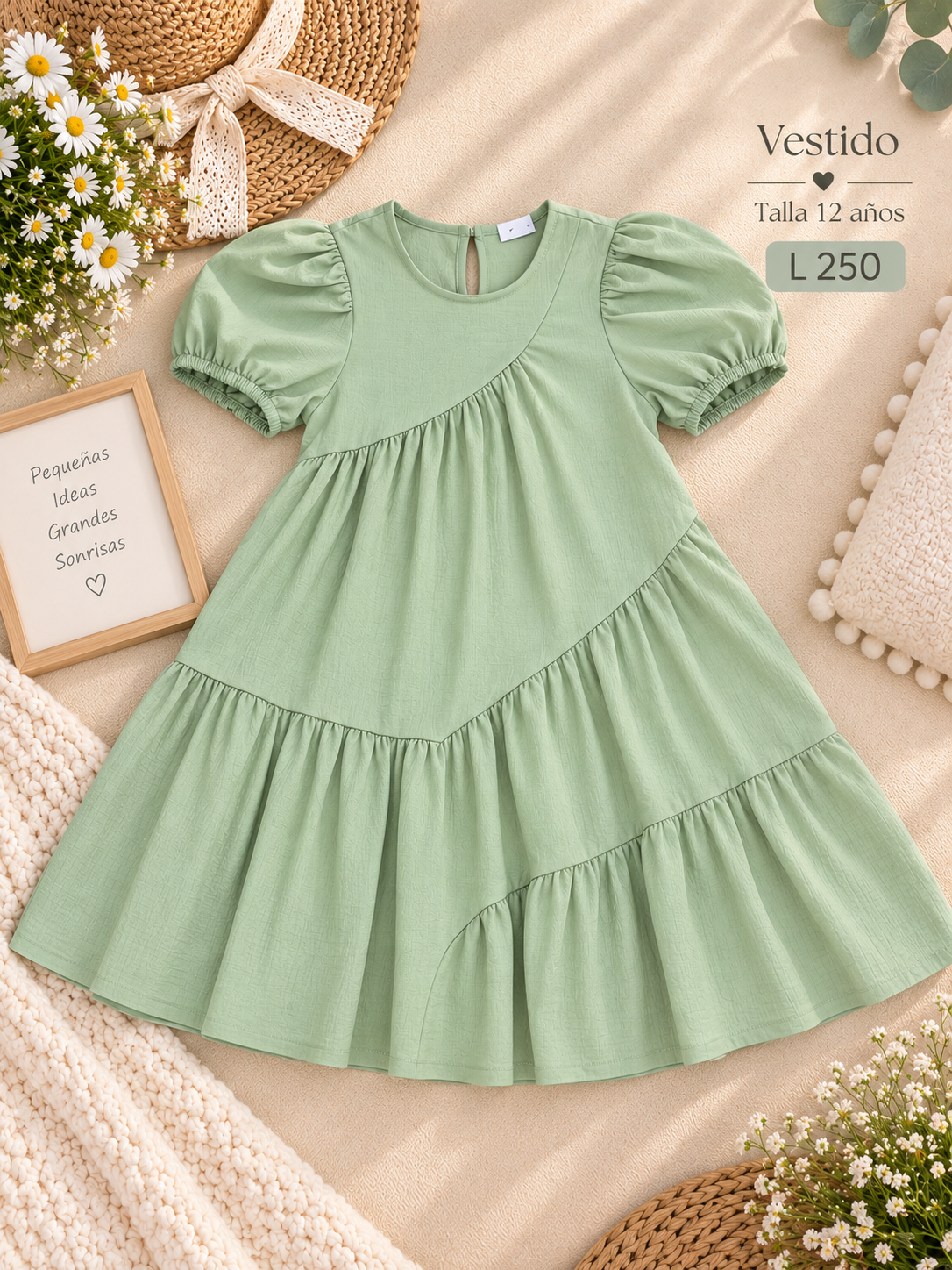 Vestido verde para niña con mangas abullonadas y un elegante detalle diagonal