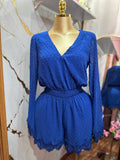 Jumpsuit azul rey con cuello en V profundo de manga larga acampanada