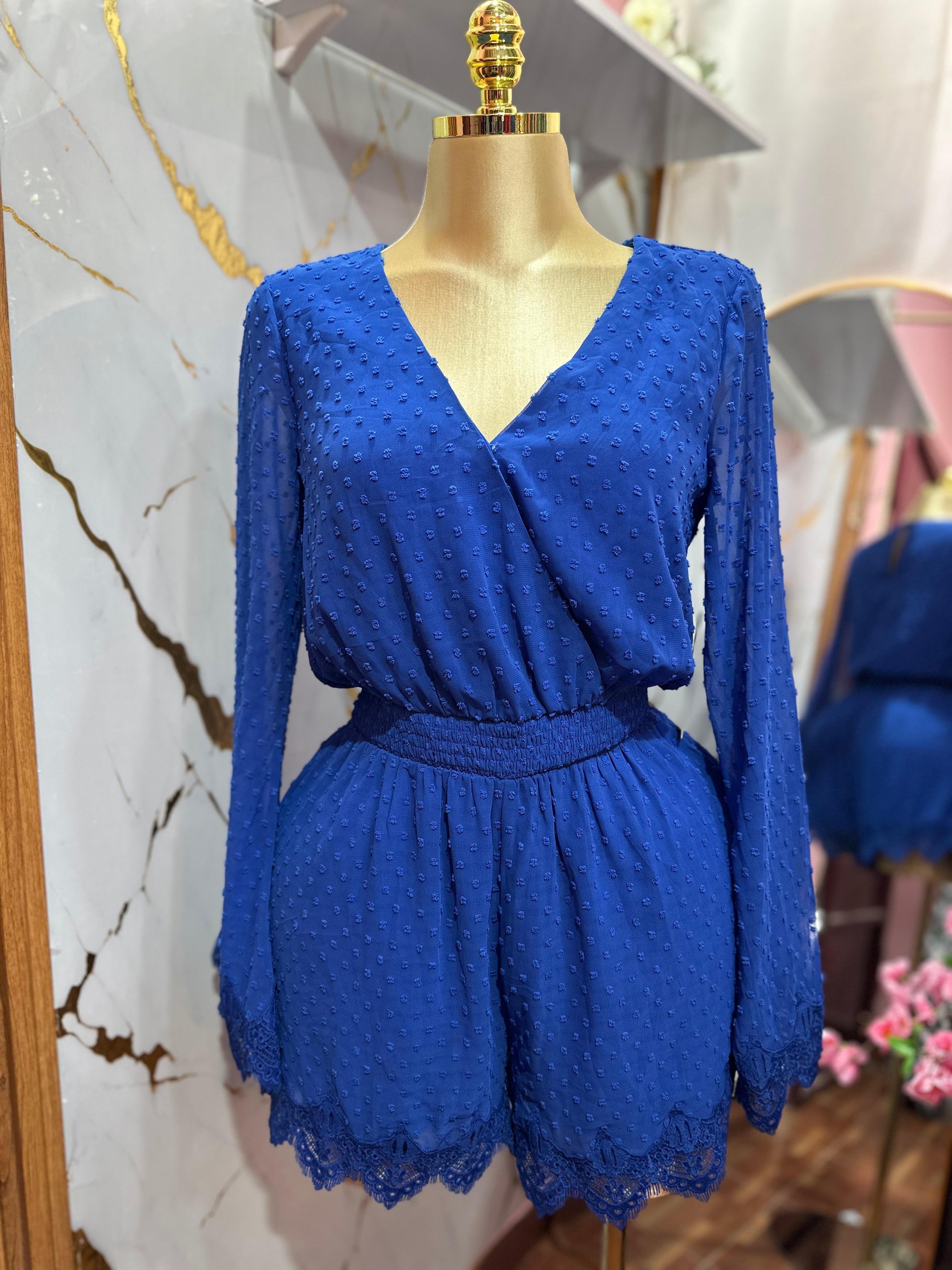 Jumpsuit azul rey con cuello en V profundo de manga larga acampanada