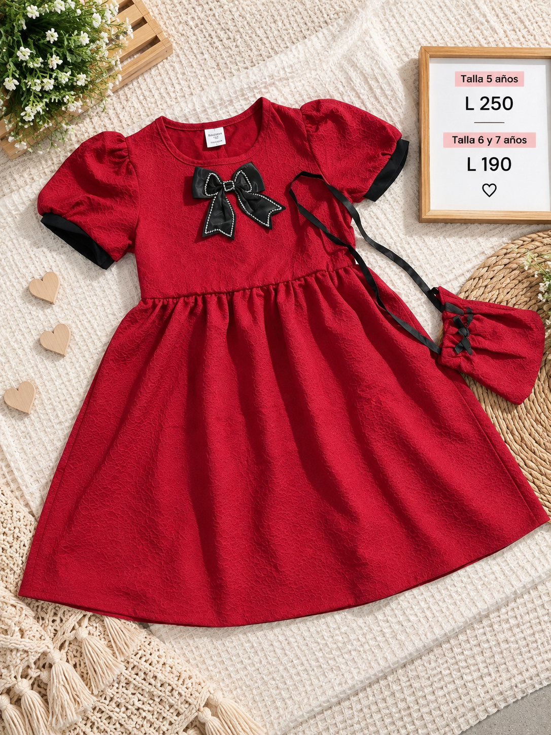 Vestido rojo de niña estilo elegante y incluye su cartera combinable en set