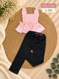 Conjunto para niña, blusa rosada de tirantes con volantes y jeans skinny oscuros