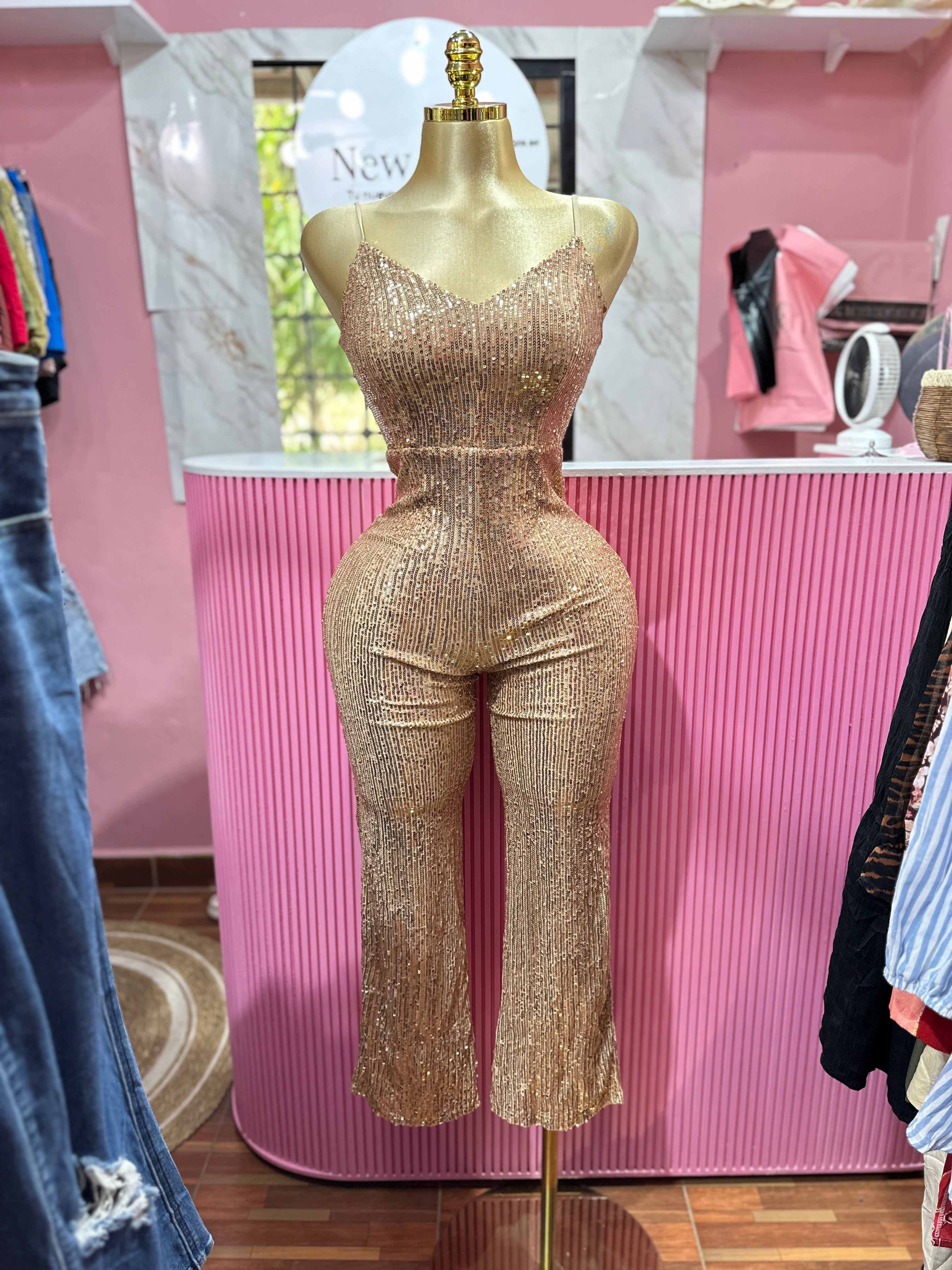 Jumpsuits ajustado de lentejuelas brillantes color champán