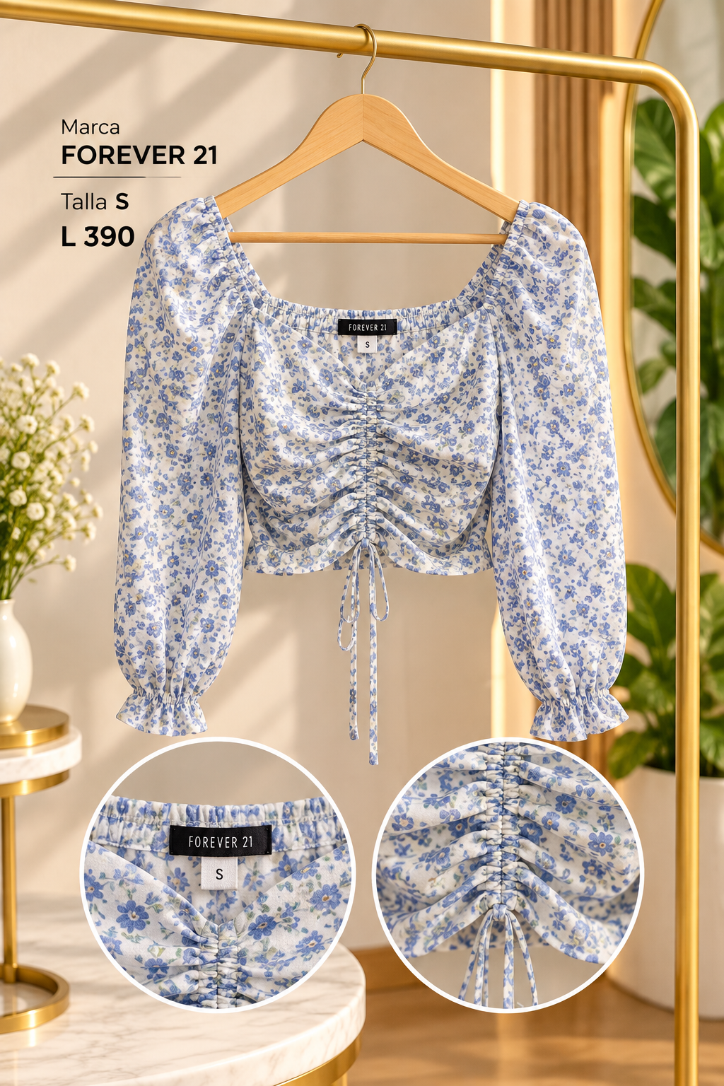 Top de manga larga con estampado floral y con diseño fruncido al frente