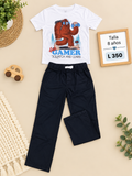 Conjunto para  niño, camiseta blanca con estampado y con pantalón negro