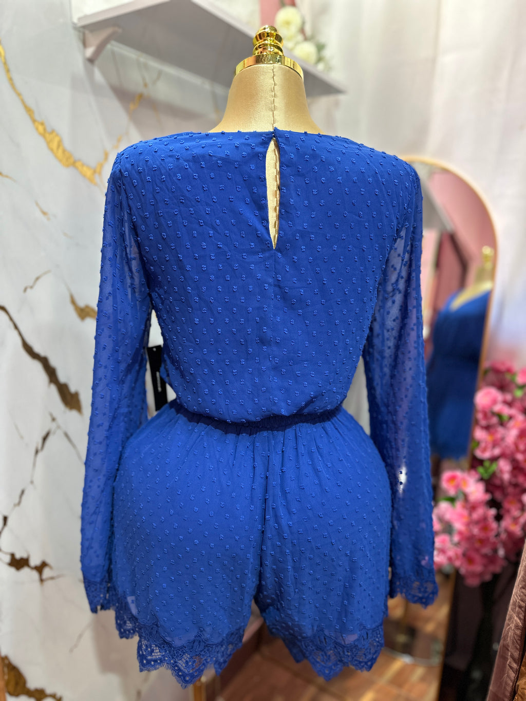 Jumpsuit azul rey con cuello en V profundo de manga larga acampanada