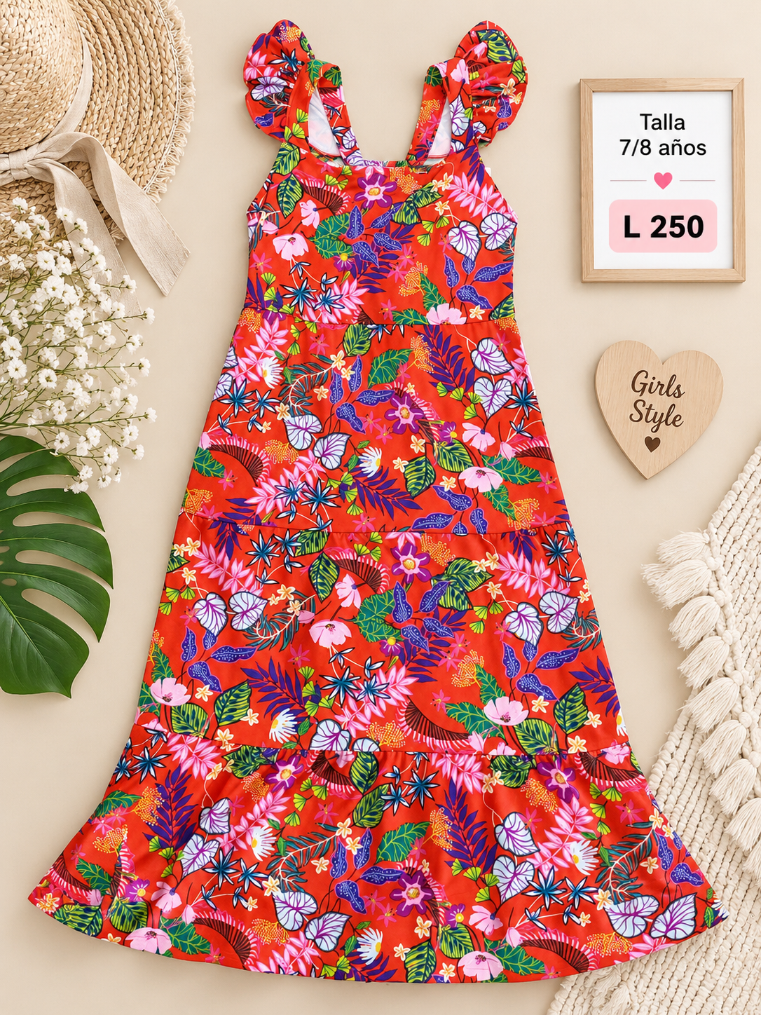 Vestido para niña color rojo con estampado floral tropical