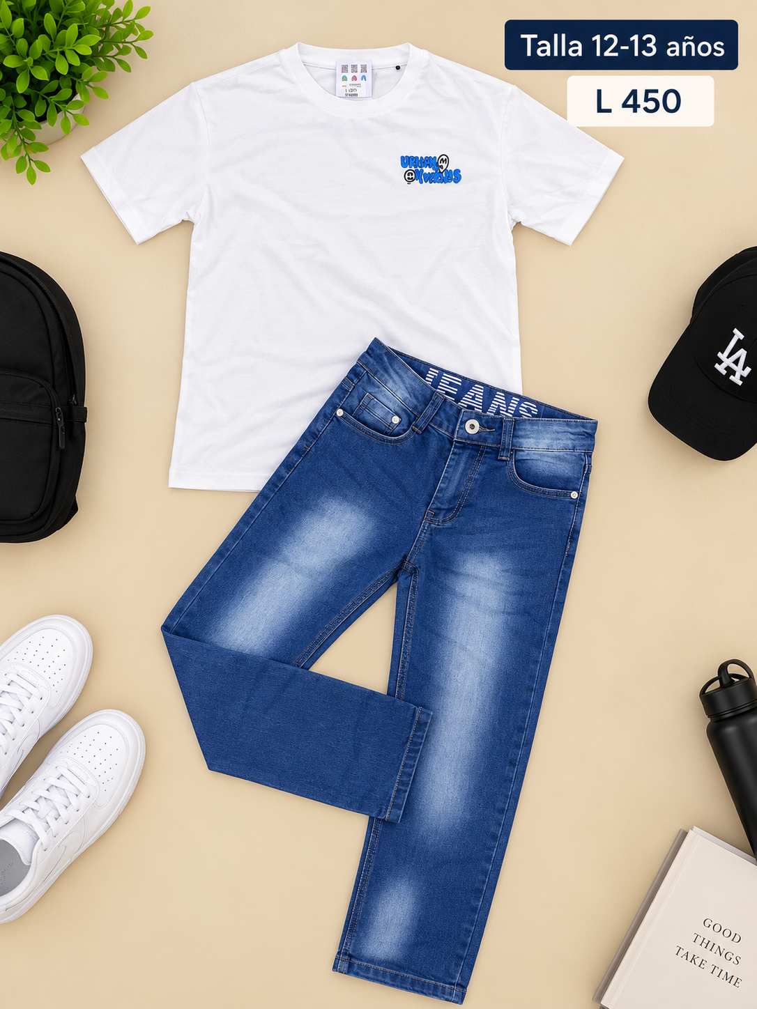 Conjunto para niño, camiseta blanca de manga corta y pantalón de mezclilla azul con efecto deslavado